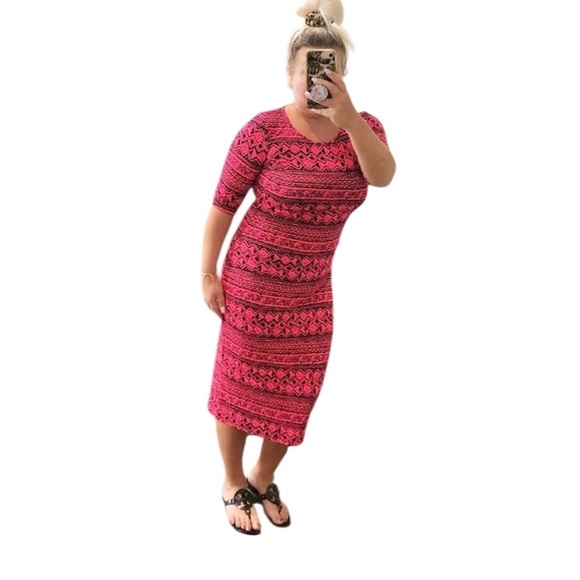 Neon Pink Boho Tribal Graphic Stretch Sexy Midi Dress Small Medium Large - Picture 2 of 4